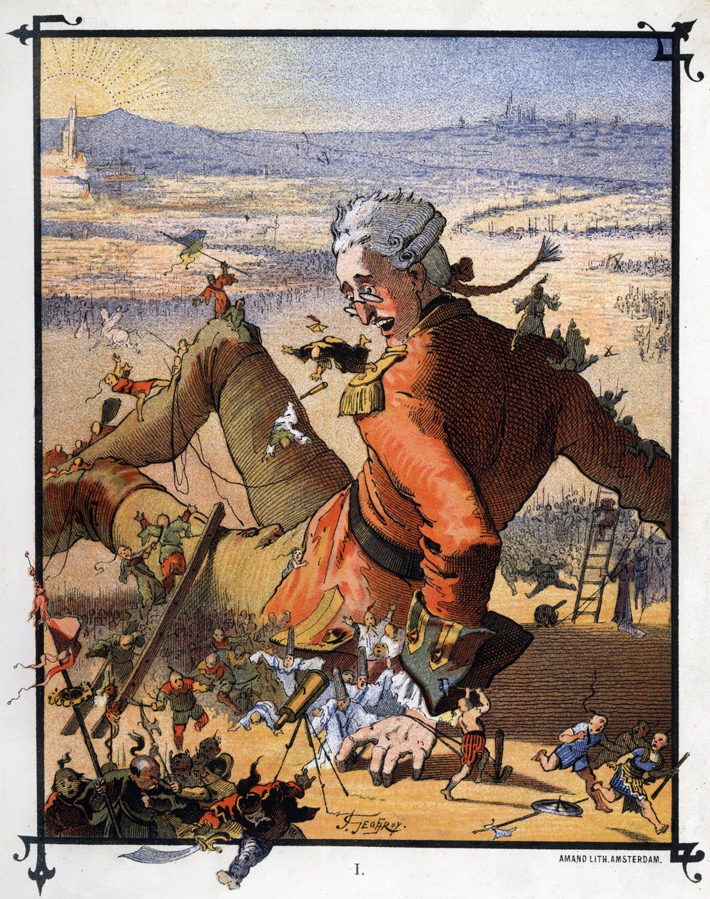 Lemuel Gulliver är bunden av Lilluputianerna. Illustration för "" Gulliver