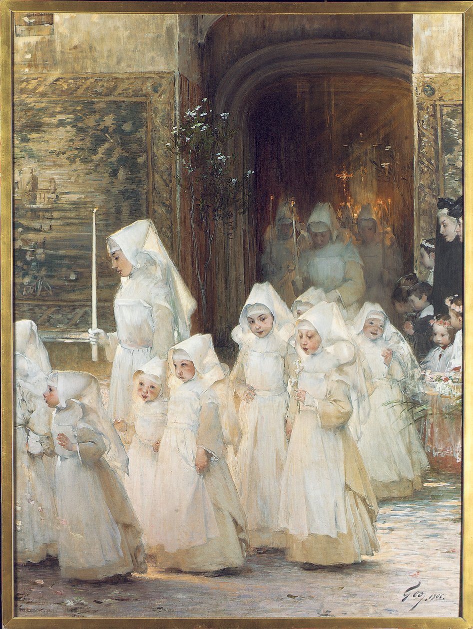 Procession av unga flickor på konfirmationsdagen, L"hopital de Beaune, 1906 av Henri Jules Jean Geoffroy