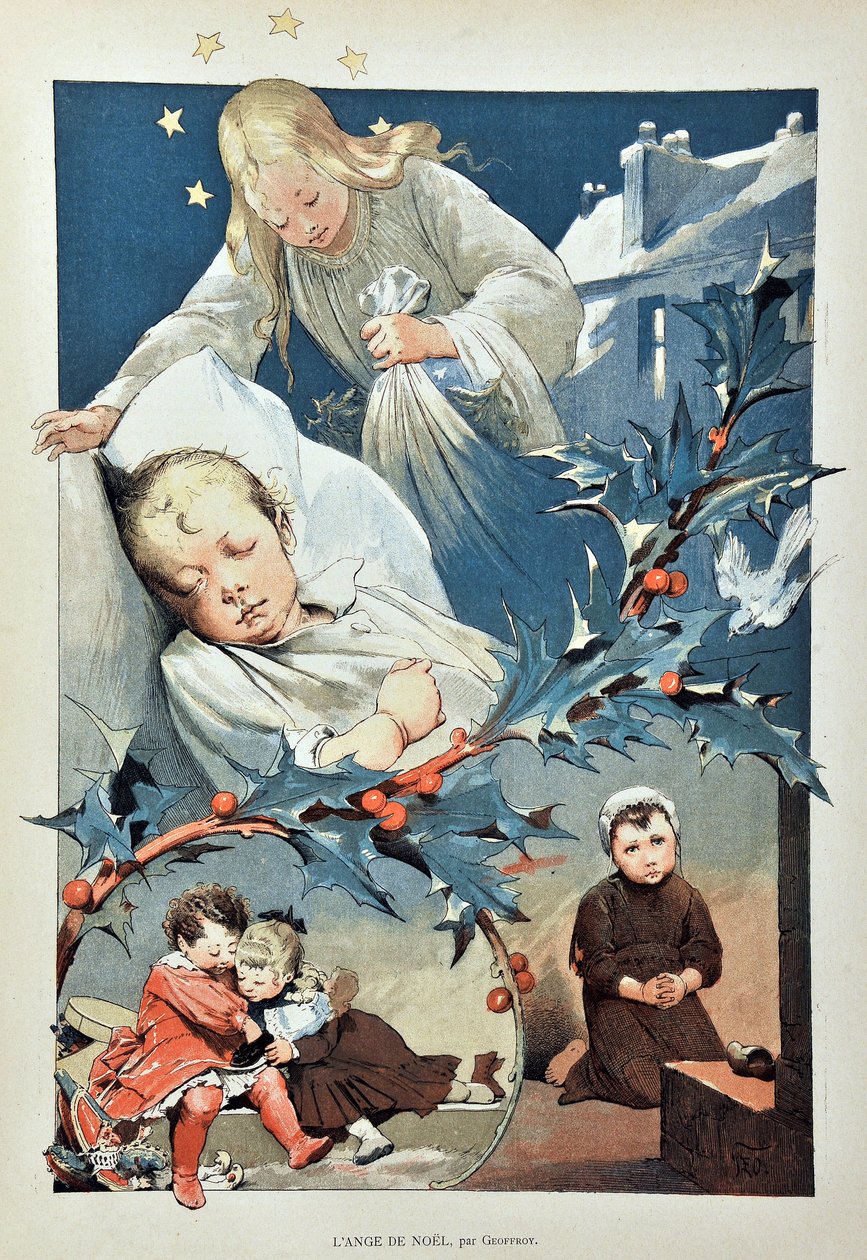 Julens ängel. Illustration av Jean GEOFFROY (1853-1924) Gravyr från 1887 i "" Paris-Illustrous journal weekly"". av Henri Jules Jean Geoffroy
