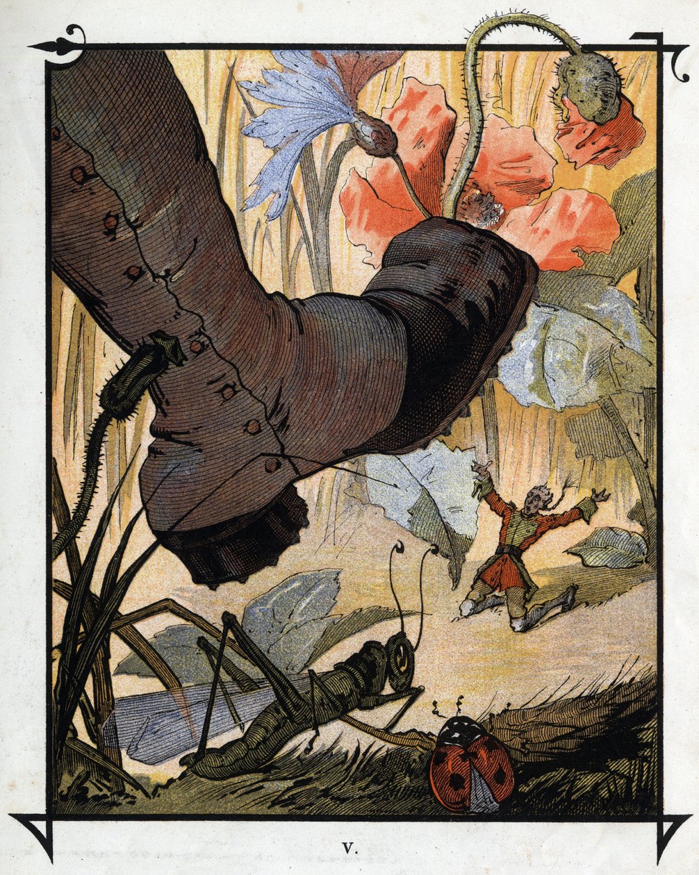 Den gigantiska foten av en invånare i Brobdingnag misslyckas med att krossa Lemuel Gulliver i det höga gräset. Illustration för "" Gulliver