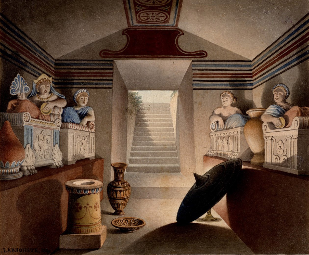 Utsikt över en etruskisk grav, 1849 (wc och grafit på papper) av Henri Labrouste