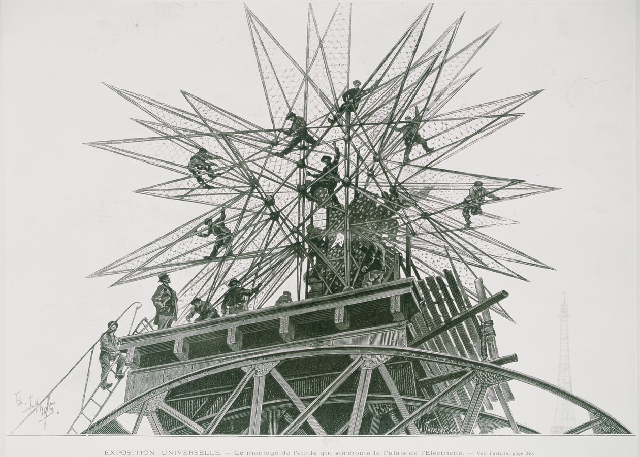 Universell utställning 1900: Installation av stjärnan på toppen av Palace of Electricity (gravyr) av Henri Lanos