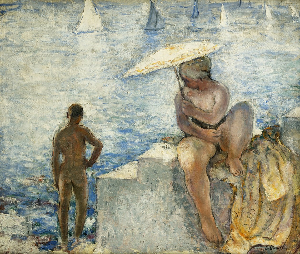 En ung simmare med ett parasoll; Den unga badaren med ett parasoll, ca. 1925-1930 av Henri Lebasque