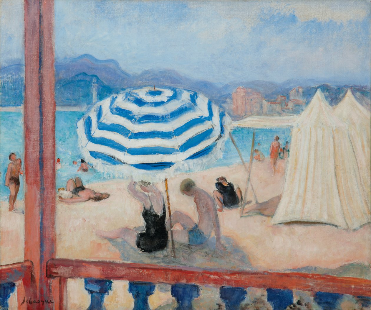 Käppar, blått parasoll och tält; Käppar, blått parasoll och tält, av Henri Lebasque