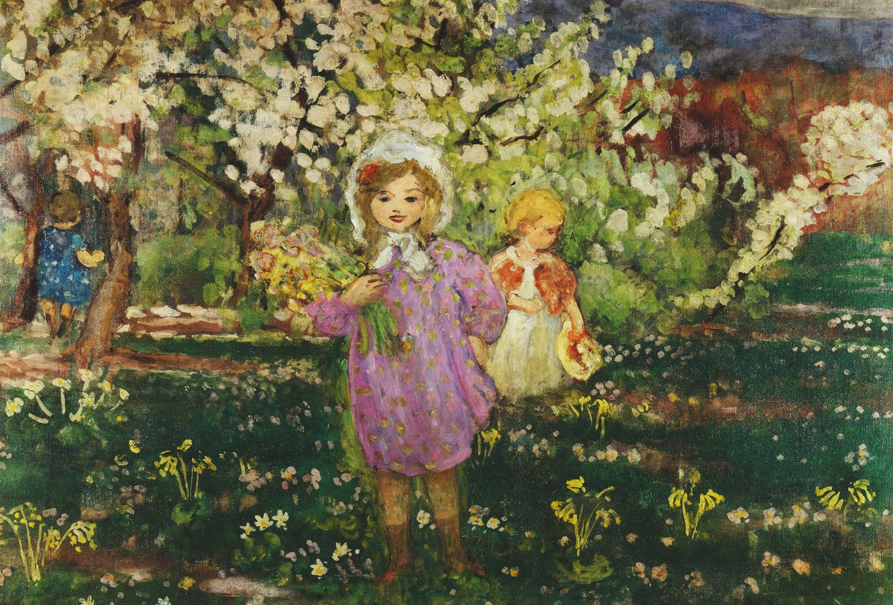 Barn i en fruktträdgård i blom; Barn i en blommande fruktträdgård, 1914 av Henri Lebasque