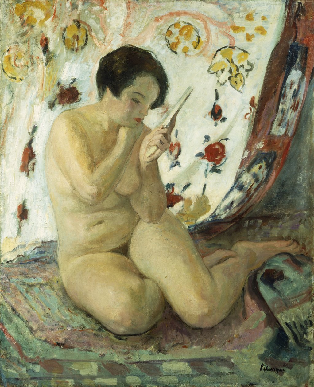 Naken satt med en spegel; Nu Assis au Miroir, 1925-1930 av Henri Lebasque