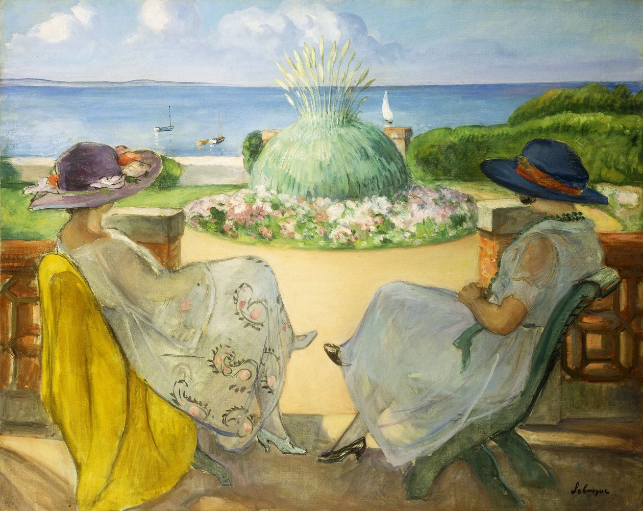 Två unga kvinnor på en terrass vid havet; Två unga flickor på en terrass mot havet, 1922 av Henri Lebasque