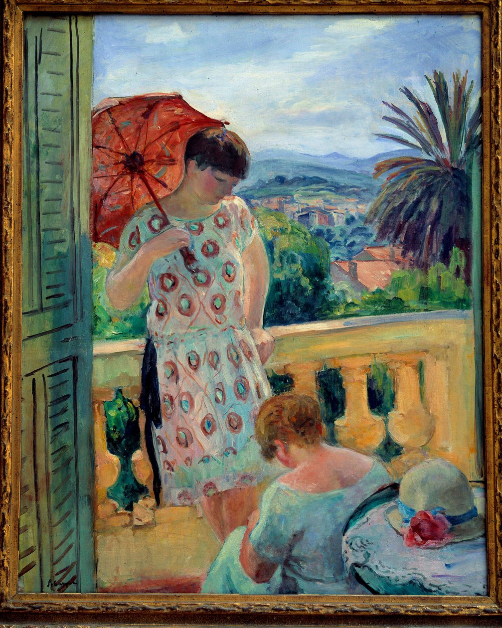 Två kvinnor på en balkong eller på balkongen, med utsikt över Esterel. Målning av Henri Lebasque (1865-1937) 1925-1926, olja på duk, 92,5 × 65 cm. Lyon, musee des Beaux Arts - Två kvinnor på en balkong eller balkong med utsikt över Esterel. Målning Henri L av Henri Lebasque