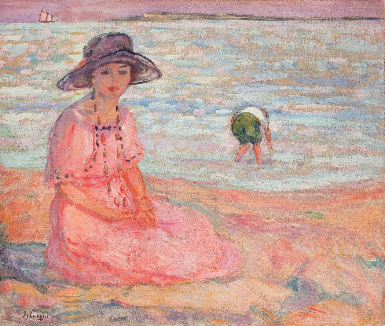 Kvinna i den rosa klänningen vid havet; Femme a la Robe Rose au bord de la Mer, c.1920 av Henri Lebasque