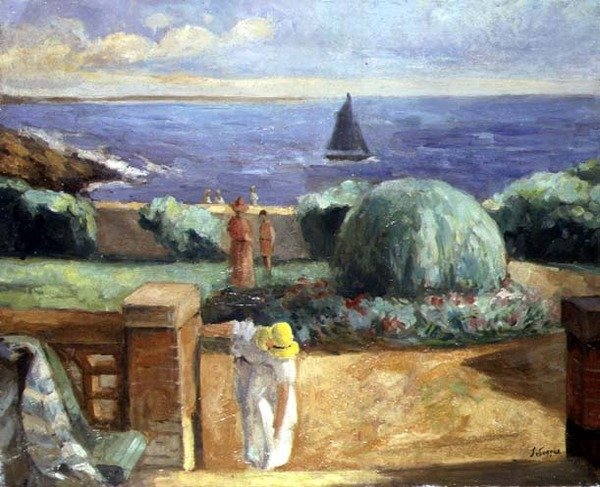 Kvinna på terrassen vid Prefailles av Henri Lebasque