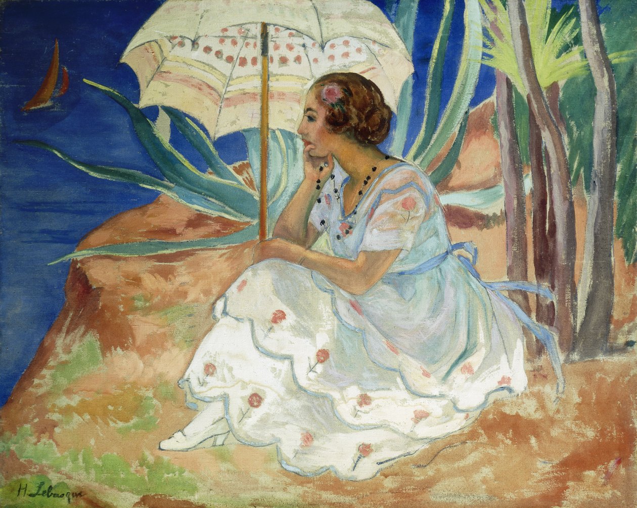 Ung kvinna med ett paraply, Saint Maxime; Ung flicka med ett Saint-Maxime-parasoll, ca 1918 av Henri Lebasque