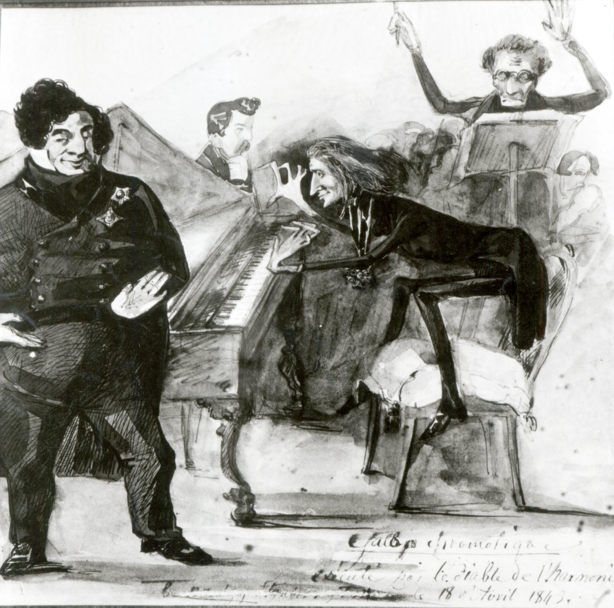 Galop Chromatique Karikatyr av Luigi Lablache, Franz Liszt (1811-86) vid pianot och Francois Habeneck av Henri Lehmann
