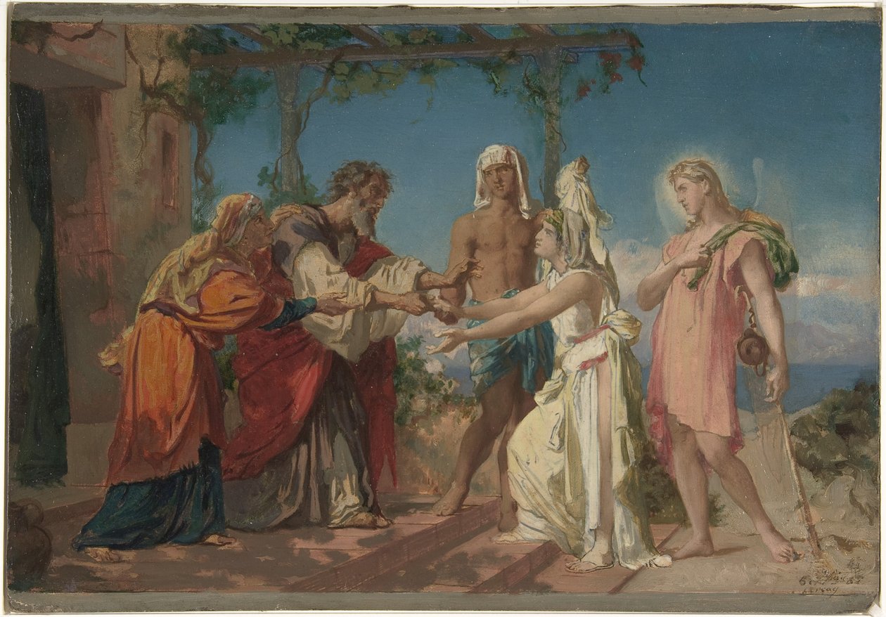 Tobias tar med sig sin brud Sarah till sin far Tobits hus av Henri Lehmann