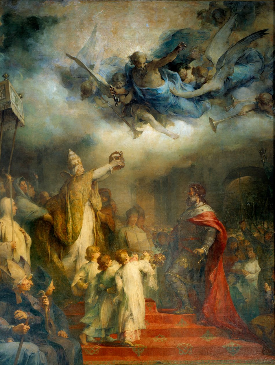 Påve Leon III kröner Karl den Store till kejsare av västerlandet vid Sankt Peter av Rom år åttahundra på juldagen. Målning av Henry Leopold Levy (1840-1904) av Henri Leopold Levy