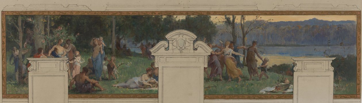 Skiss till Pantins stadshus: Allegorier över Ourcqkanalen, arbete och navigering - Fête champêtre (tak- och väggpanel) av Henri Leopold Levy