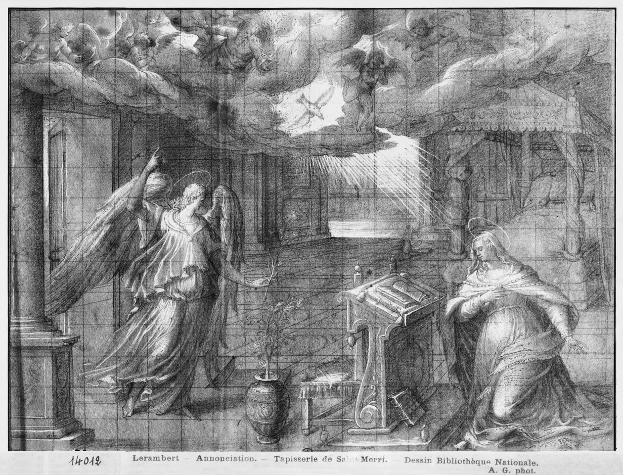 Kristi liv, bebudelse, forberedende undersøgelse af billedtæppe tegneserie for kirken Saint-Merri i Paris, ca. 1585-90 (pierre noire und wash und hvide højlys på papir) sverige av Henri Lerambert