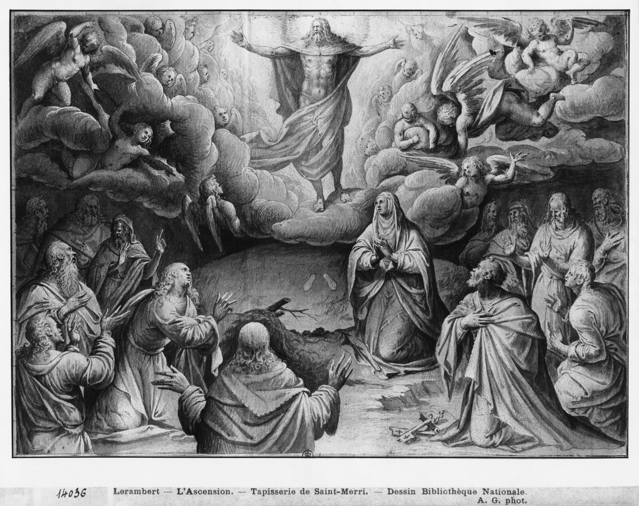 Life of Christ, Ascension, förberedande studie av gobelängtecknad film för kyrkan Saint-Merri i Paris, ca 1585-90 (pierre noire und wash und white highlights on paper) av Henri Lerambert