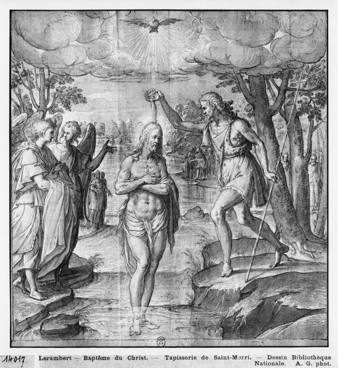 Life of Christ, Baptism of Christ, förberedande studie av gobelängtecknad film för kyrkan Saint-Merri i Paris, ca 1585-90 (pierre noire und wash und white highlights on paper) av Henri Lerambert