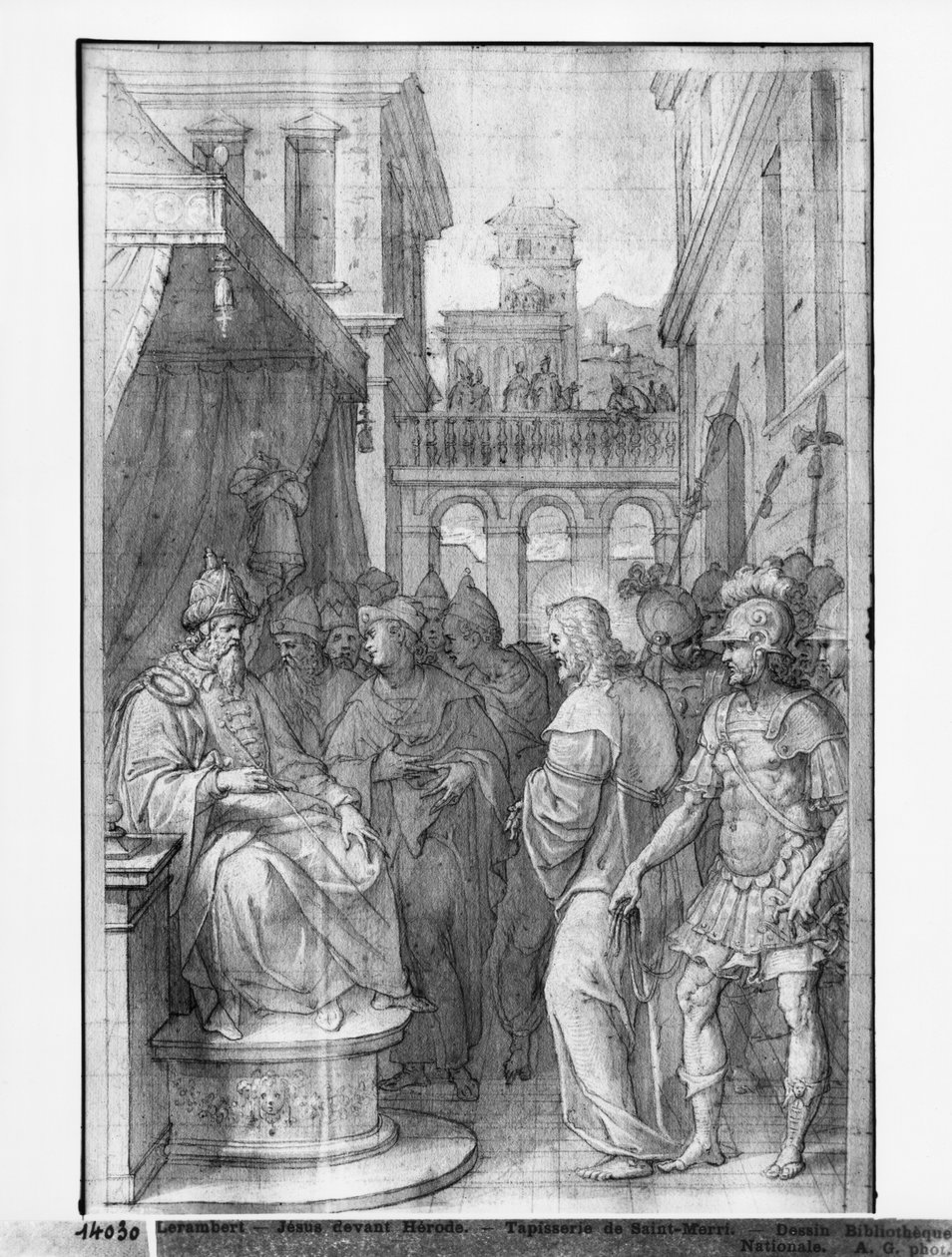 Life of Christ, Christ before Herodes, förberedande studie av gobelängtecknad film för kyrkan Saint-Merri i Paris, ca 1585-90 (pierre noire und wash und white highlights on paper) av Henri Lerambert