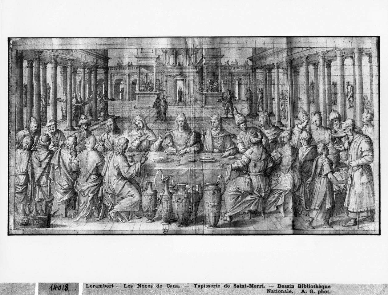 Olaga o Keriso, Faaipoipoga i Kana, suesuega sauniuni o ata tapestry mo le Ekalesia Saint-Merri i Pale, c.1585-90 (pierre noire und wash and white highlights on paper)swed av Henri Lerambert