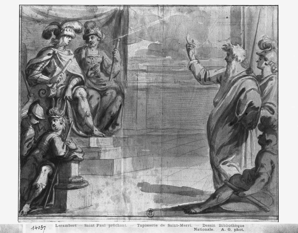 Life of Christ, St. Paul predikar, förberedande studie av gobelängtecknad film för kyrkan Saint-Merri i Paris, ca 1585-90 (pierre noire und wash und white highlights on paper) av Henri Lerambert
