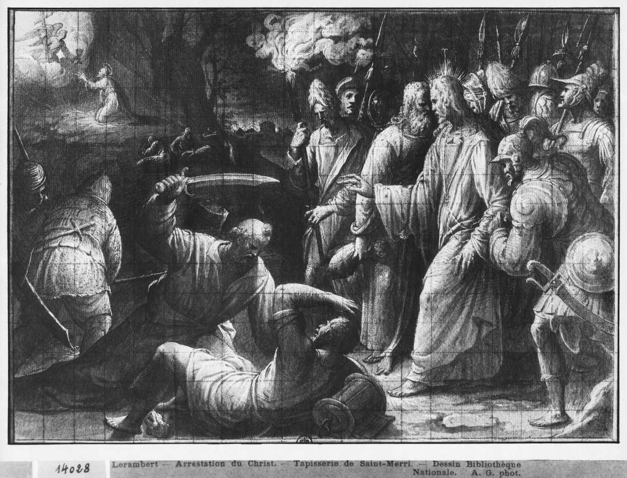 Life of Christ, the arrest of Christ, förberedande studie av gobelängtecknad film för kyrkan Saint-Merri i Paris, ca 1585-90 (pierre noire und wash und white highlights on paper) av Henri Lerambert