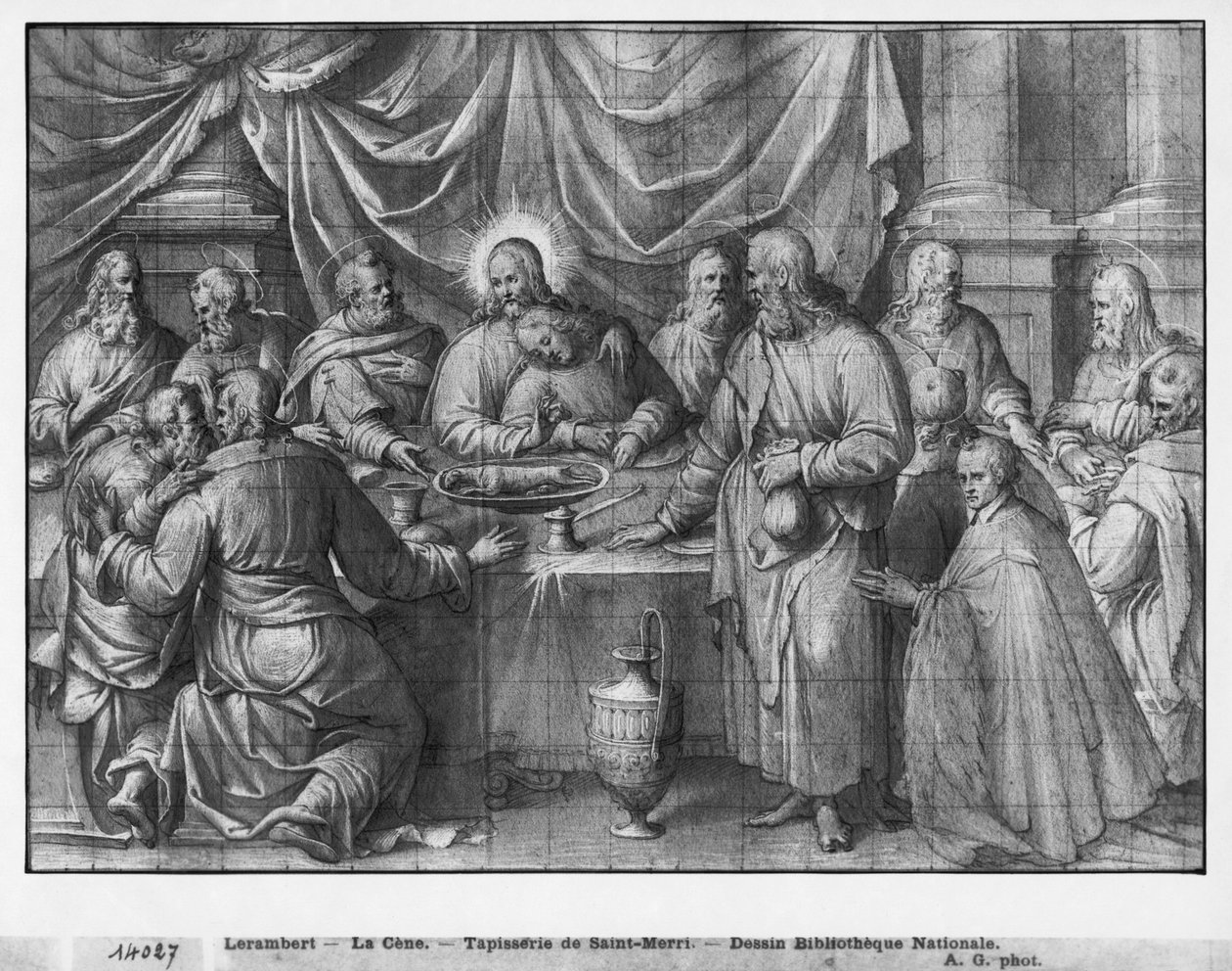 Livet av Kristus, den sista måltiden, förberedande studie av gobelängtecknad film för kyrkan Saint-Merri i Paris, ca 1585-90 (pierre noire und wash und white highlights on paper) av Henri Lerambert