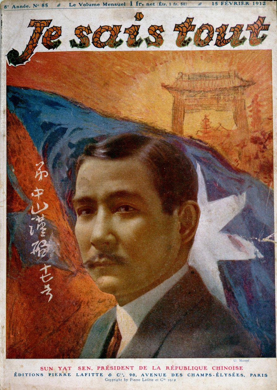 Porträtt av Dr. Sun Yat-Sen (1866-1925) (foto av Manuel), framsidan av "Je Sais tout" av Henri Manuel
