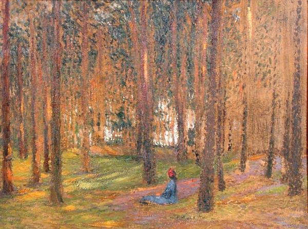 A Walker Sitting in the Woods, ca 1890 (olja ombord) av Henri Martin