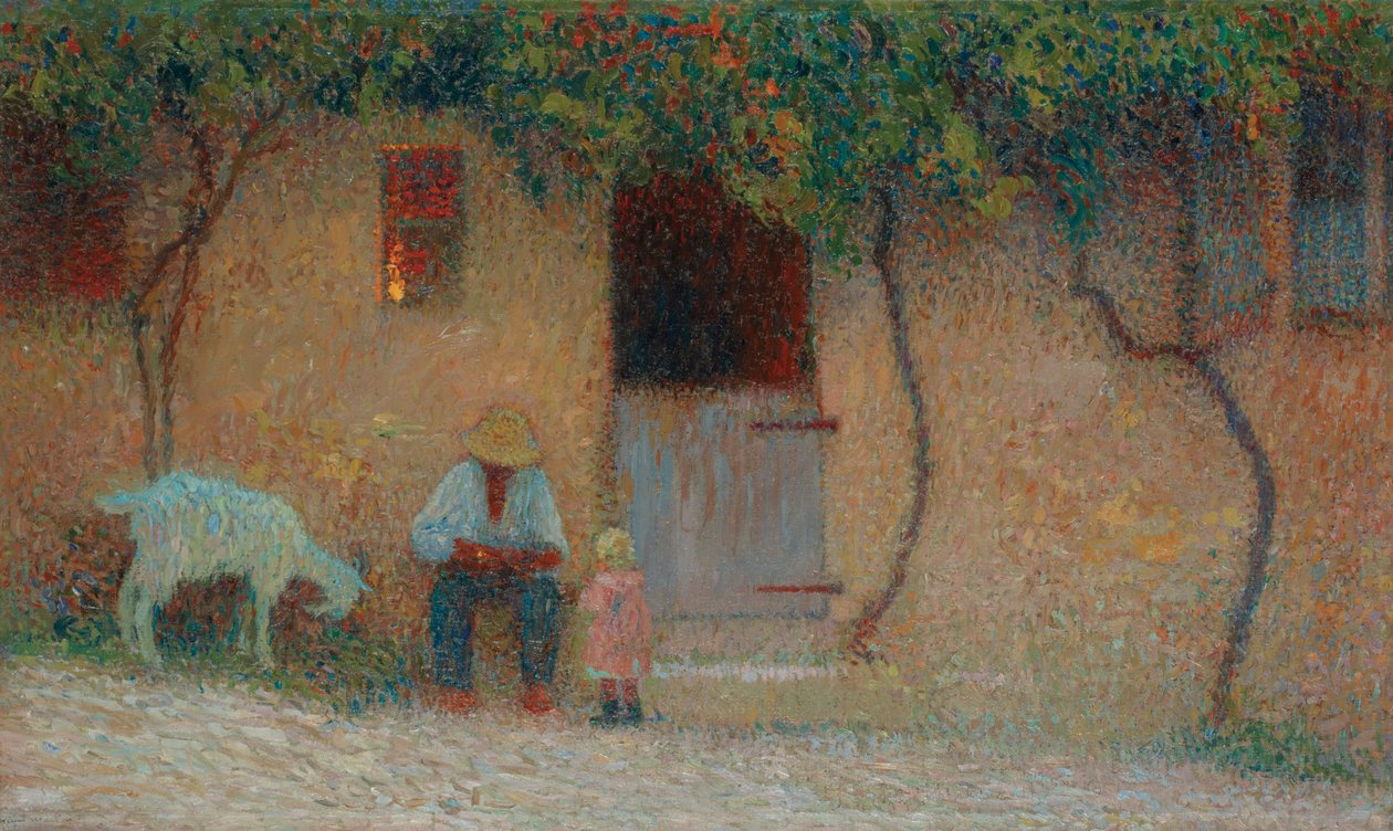 Bonde utanför sitt hem i Labastide-du-Vert; Bonde framför sitt hus i Labastide-du-Vert, c.1910 av Henri Martin