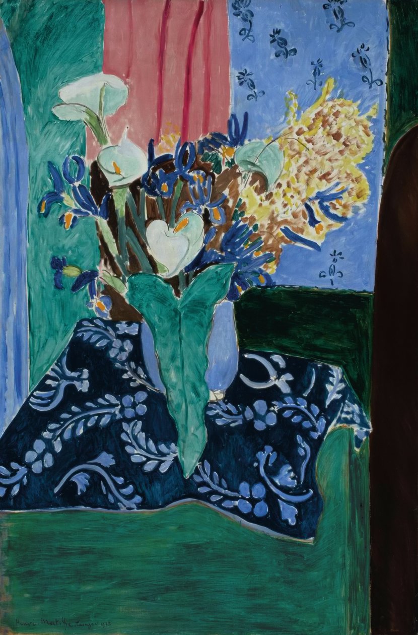 Arum, Iris och Mimosas (Blommor i en blå vas på en blå bordsduk) av Henri Matisse