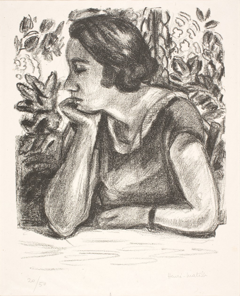 Bystbild av en kvinna med hakan vilande på höger hand av Henri Matisse