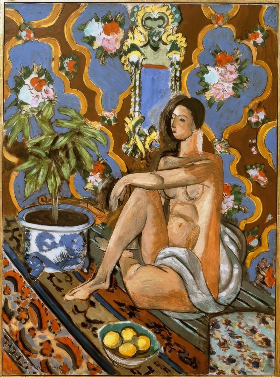 Dekorativ figur på en ornamenterad bakgrund av Henri Matisse