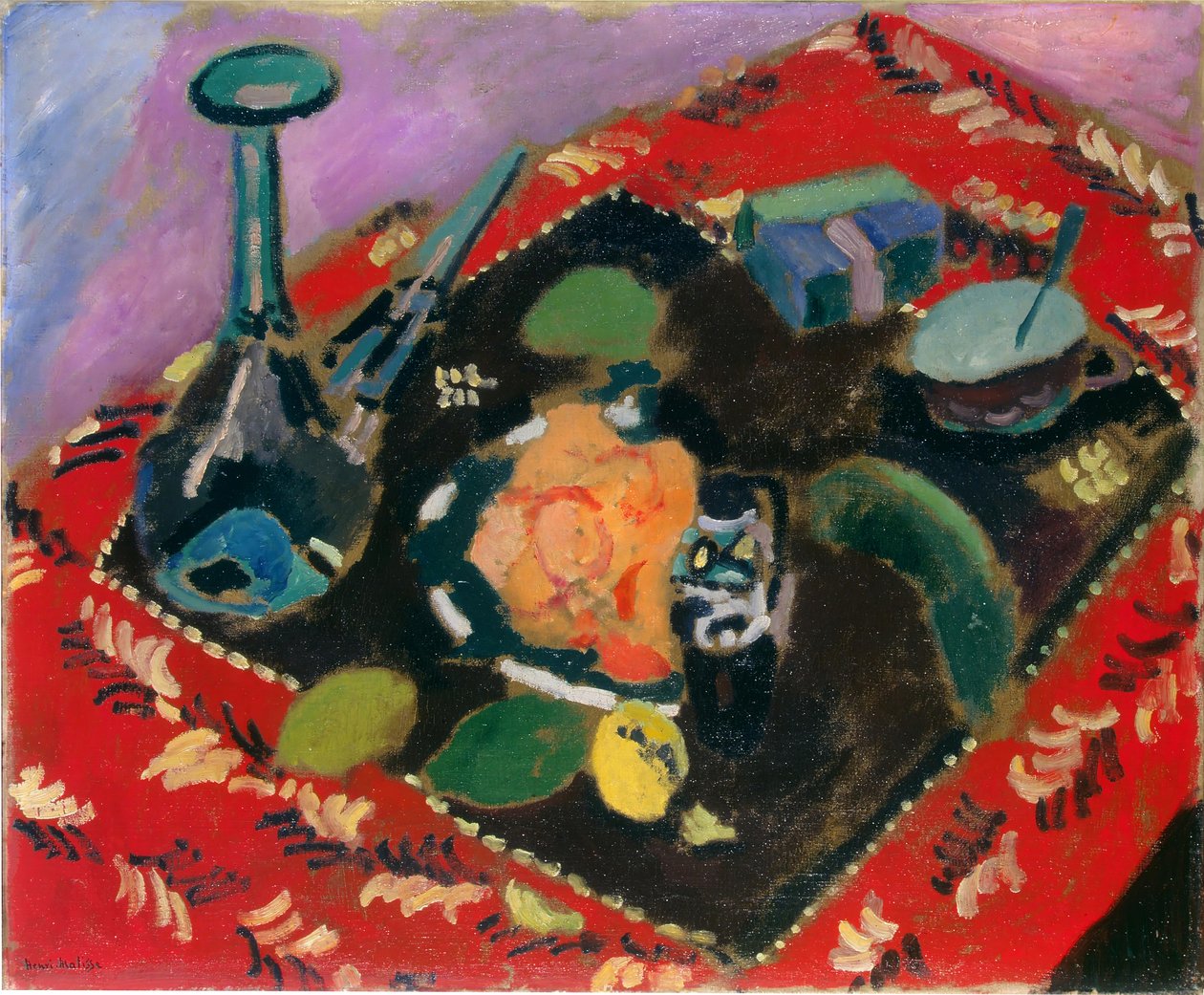 Maträtter och frukt på en röd och svart matta (Le Tapis Rouge) av Henri Matisse