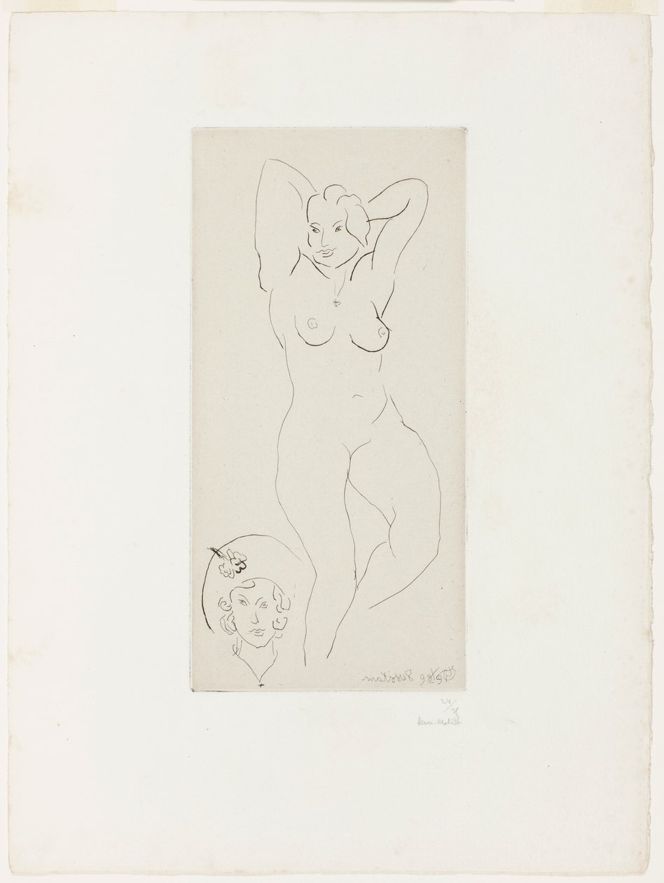 Kvinnlig nakenstudie med upplyfta armar och kvinnohuvud av Henri Matisse
