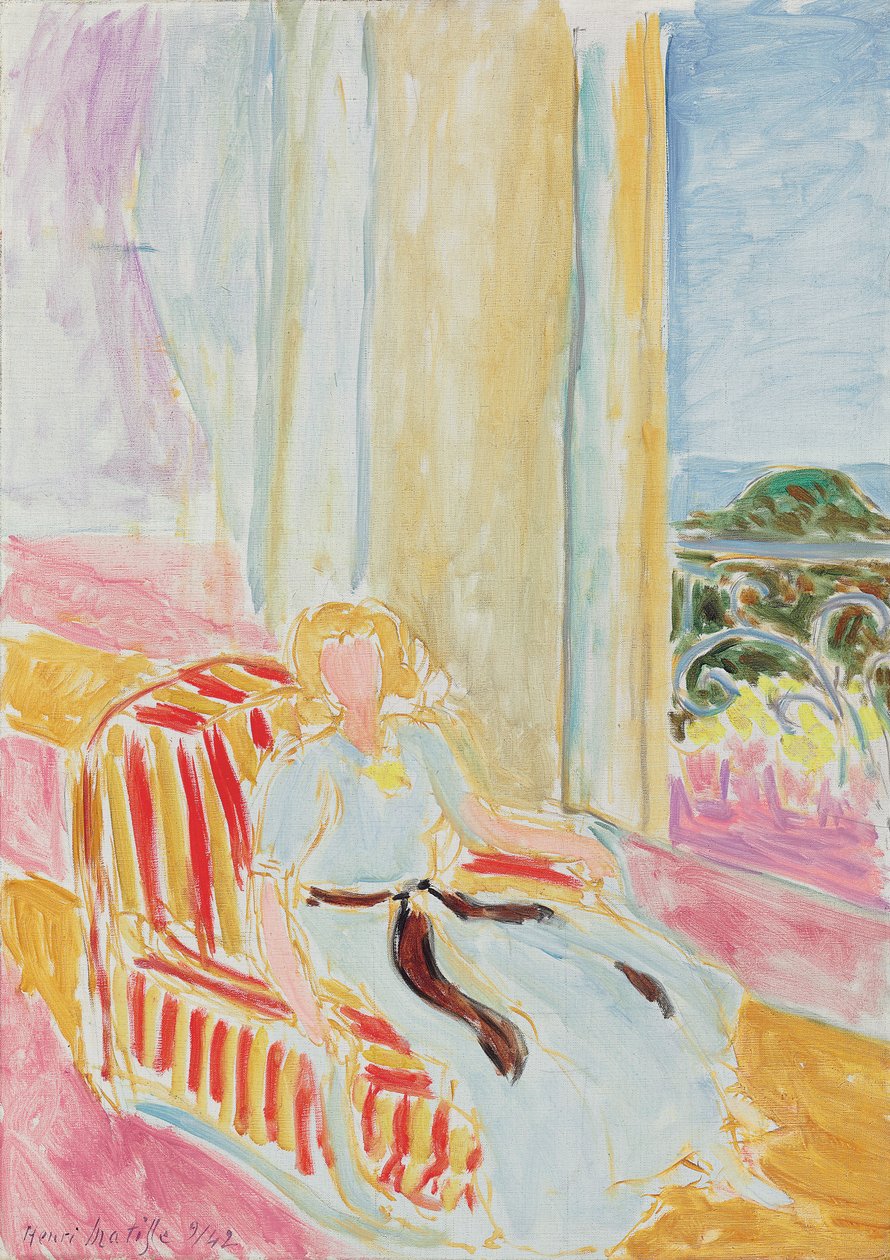 Flicka i vit klänning, sittande vid ett fönster av Henri Matisse