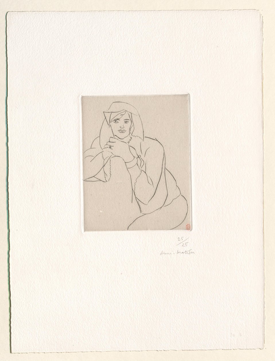 Ung kvinna med händerna knäppta på ryggstödet till en möbel av Henri Matisse