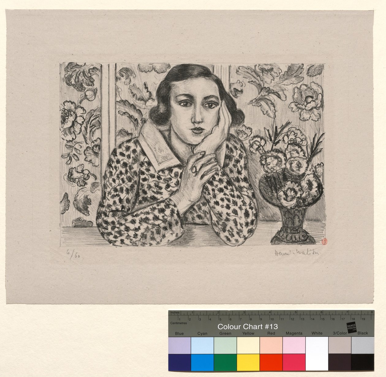 Flicka som lutar sig mot ett skärmvägg: flicka med en bukett blommor av Henri Matisse