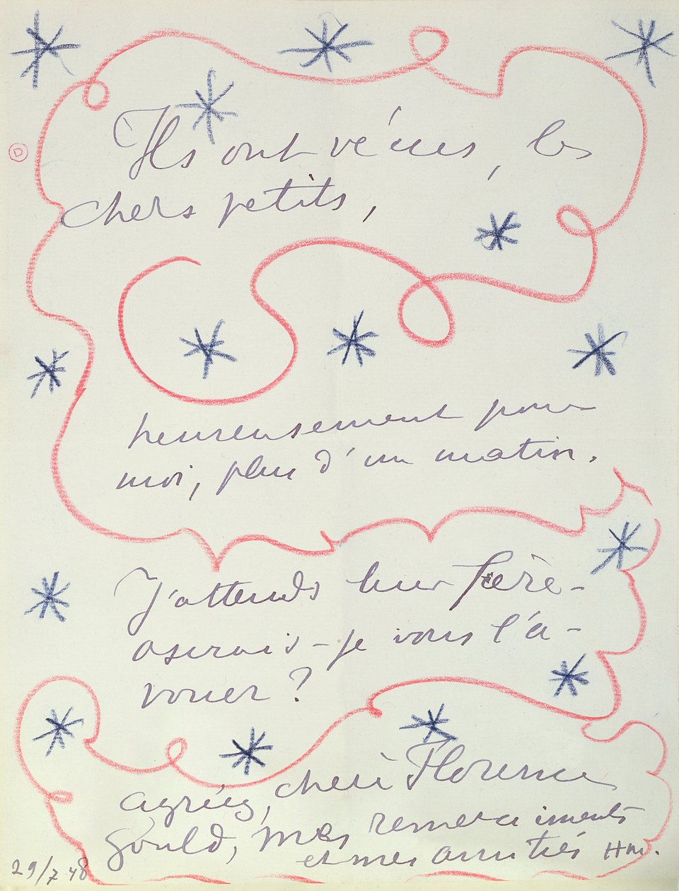 Brev från målaren till Florence Gould (f.1895), 29 juli 1948 (penna  krita på papper) av Henri Matisse