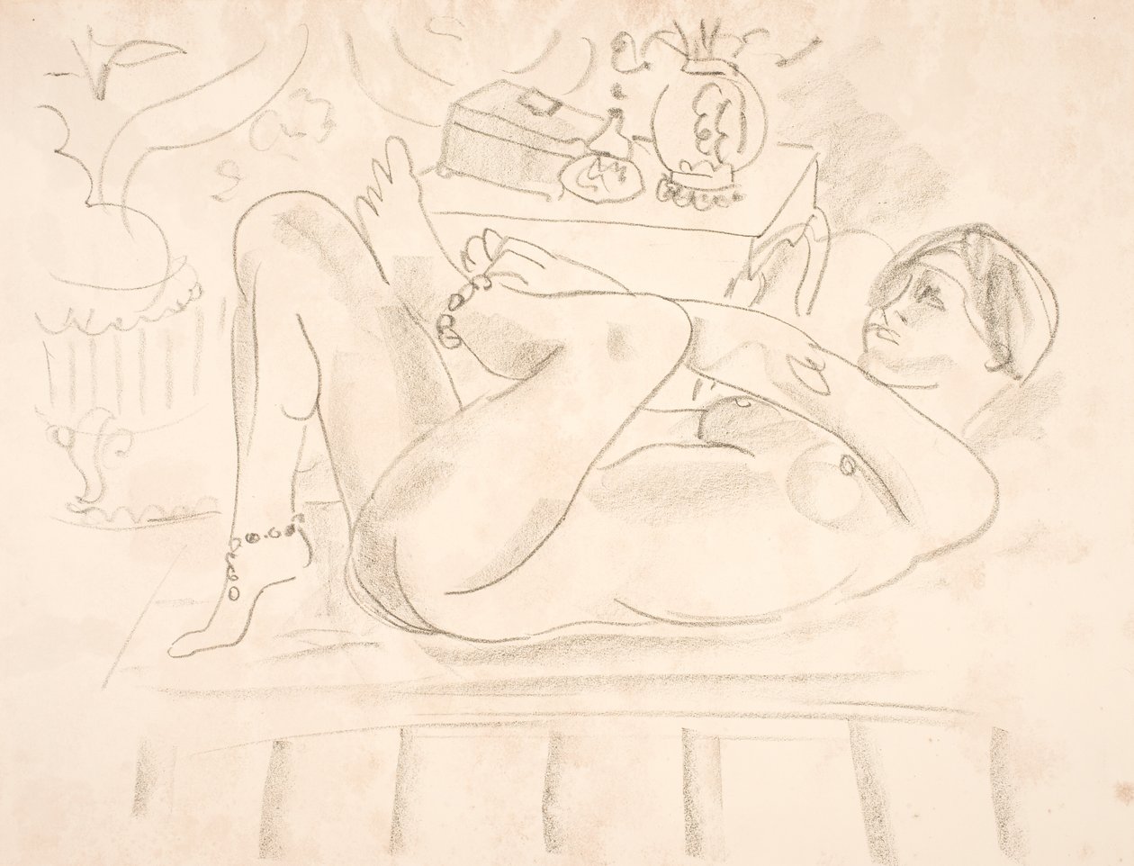 Naken kvinna, liggande på rygg med pärlhalsband runt anklarna (odalisk) av Henri Matisse