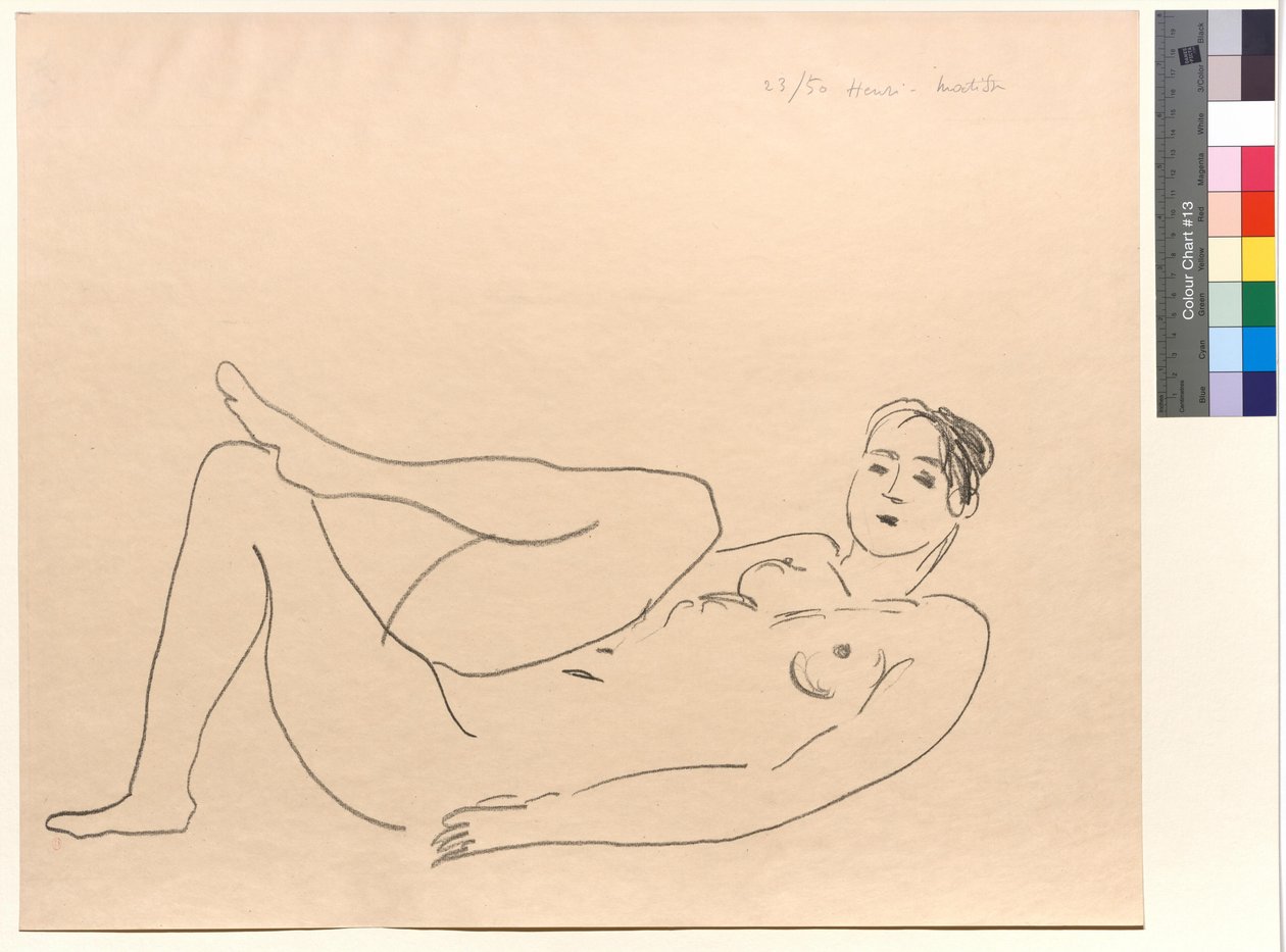 Liggande nakenmodell, böjt ben: Studie av ben av Henri Matisse