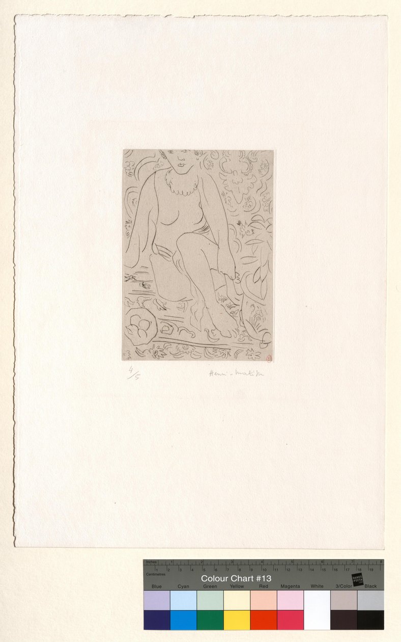 Naken i en inomhusmiljö med en fruktskål av Henri Matisse