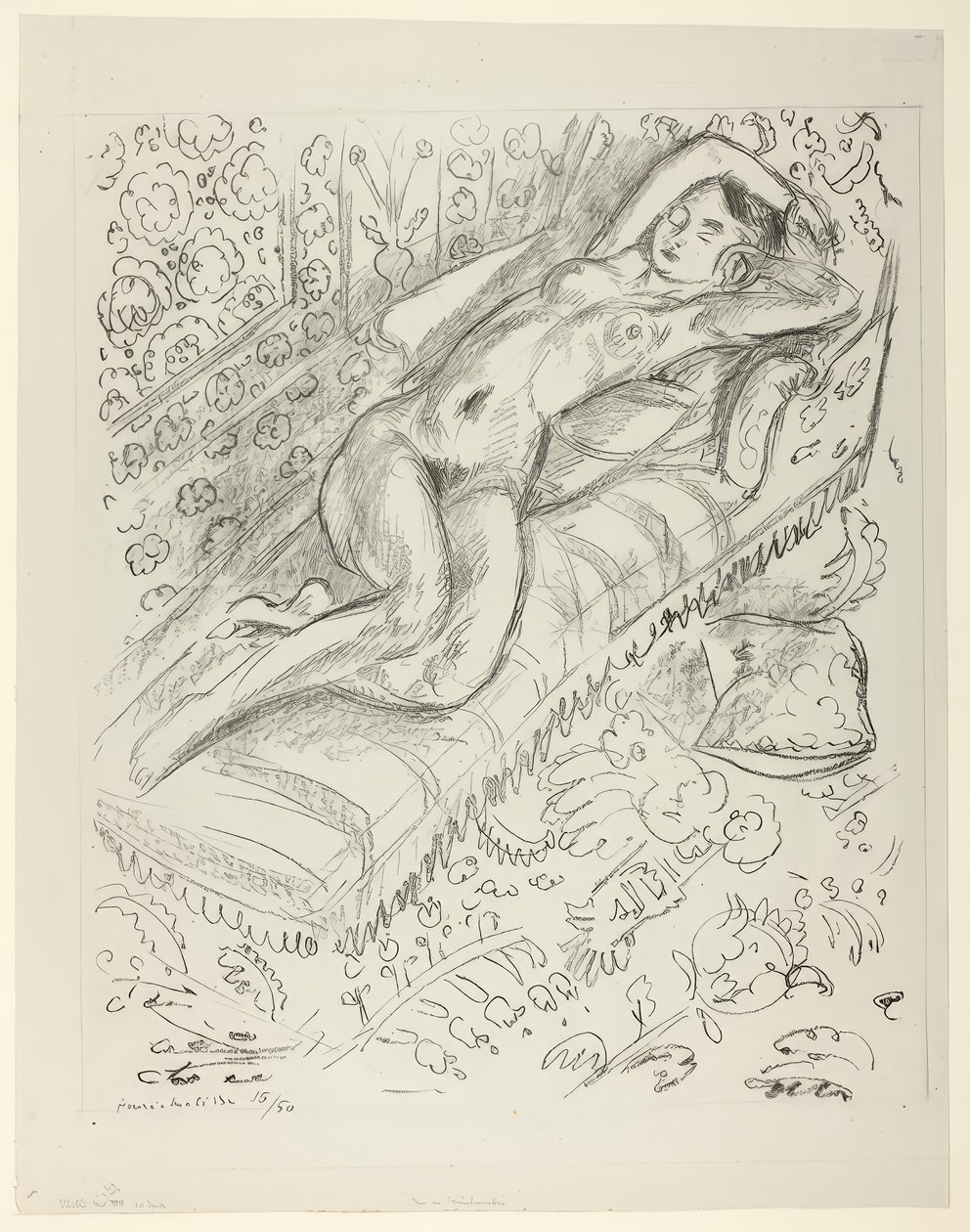 Naken person vilande på en schäslong med mashrabiya-bakgrund av Henri Matisse