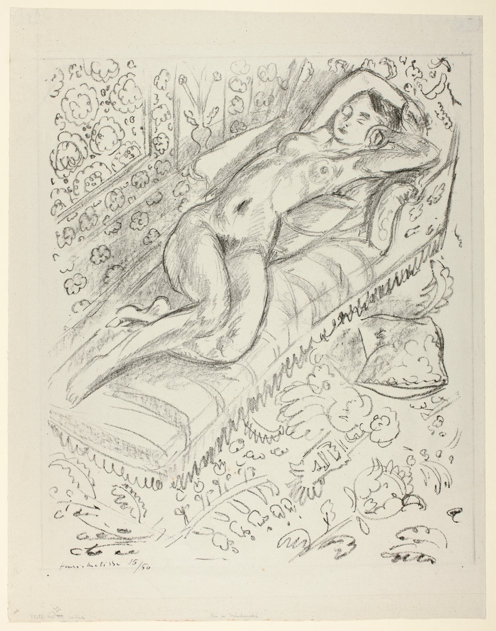 Vilande naken på en schäslong med mashrabiya-bakgrund av Henri Matisse