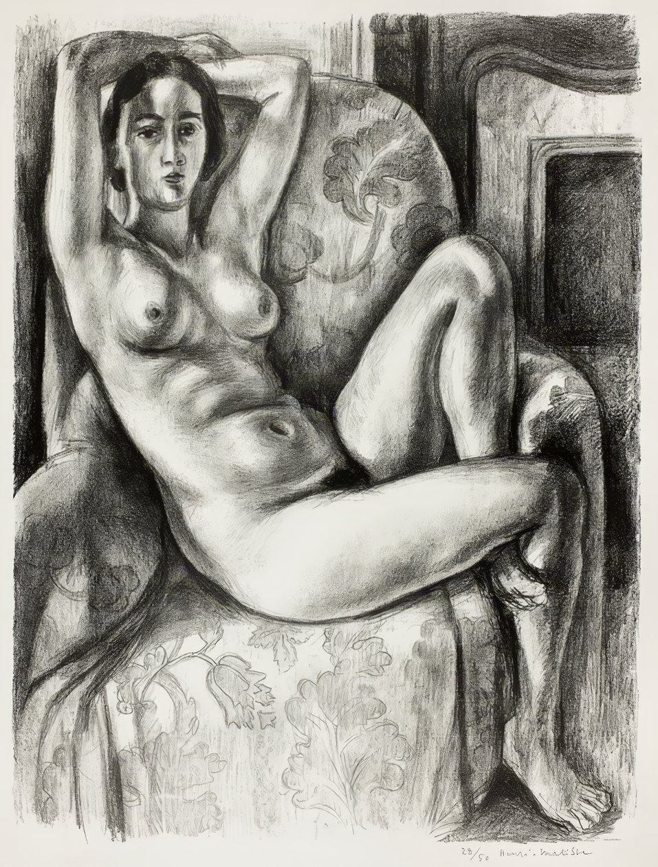 Naken med blå kudde bredvid en öppen spis av Henri Matisse