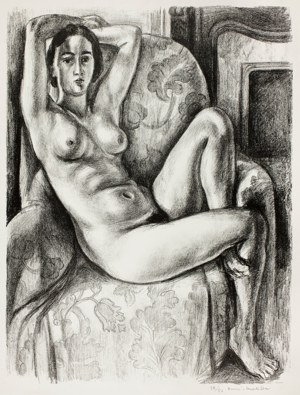 Nakenmodell med blå kudde bredvid en öppen spis av Henri Matisse