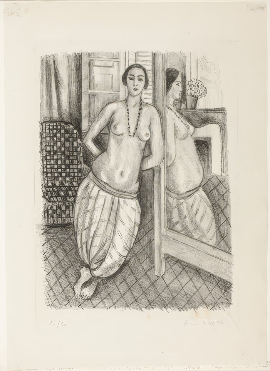 Odalisken i randiga byxor, speglad i spegeln av Henri Matisse