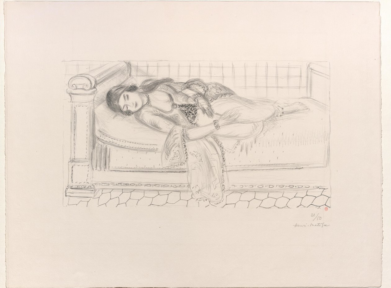 Orientalsk på en vilbädd, på ett golv med röda kakelplattor av Henri Matisse