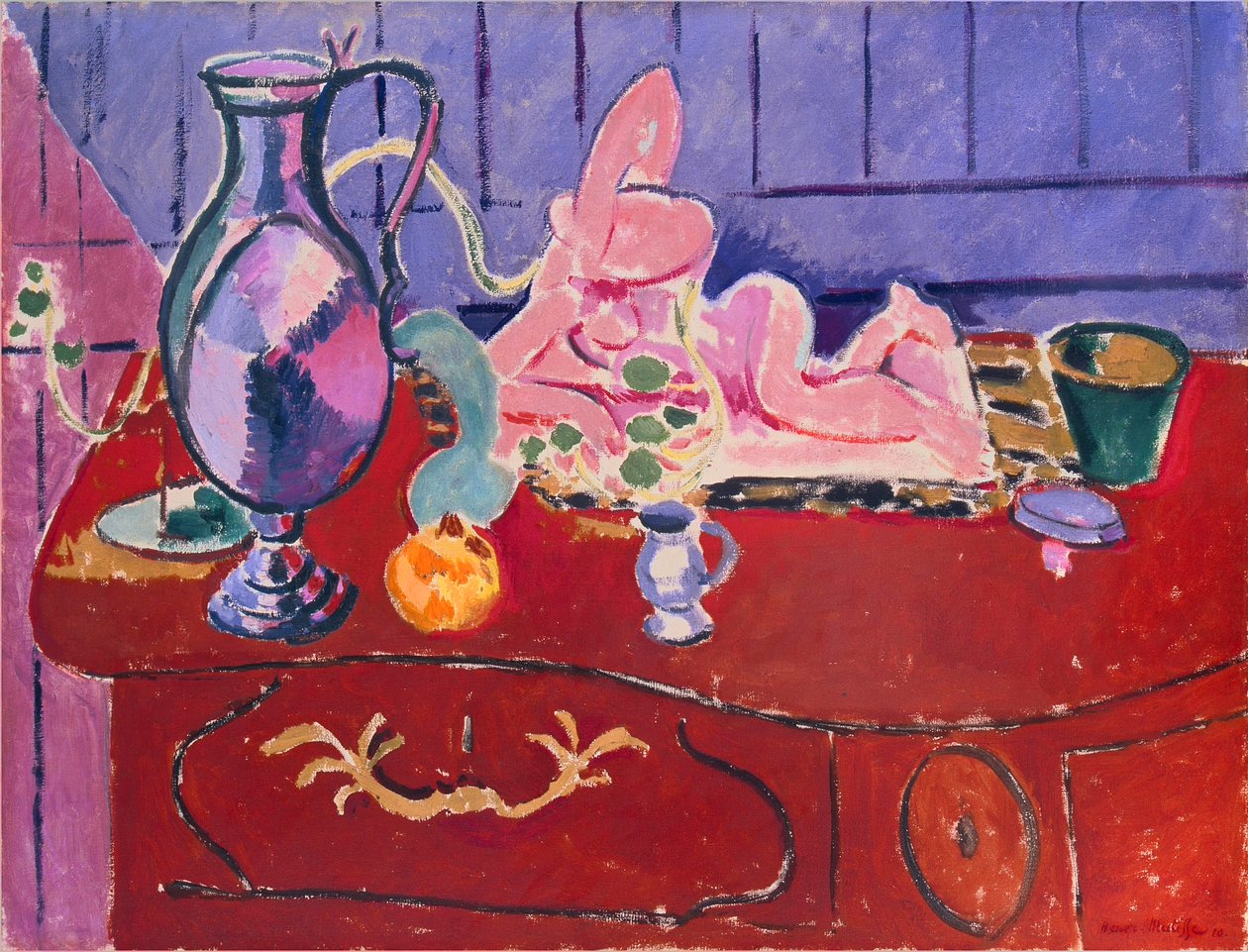 Rosa statyett och kanna på röd byrå av Henri Matisse