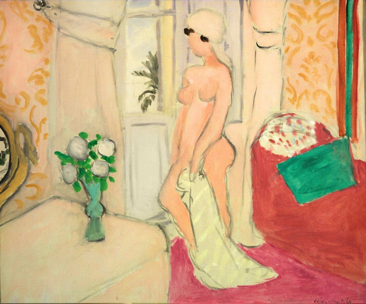 Rosa naken eller Ung flicka med en vas med blommor, ca 1920 (olja på duk) av Henri Matisse